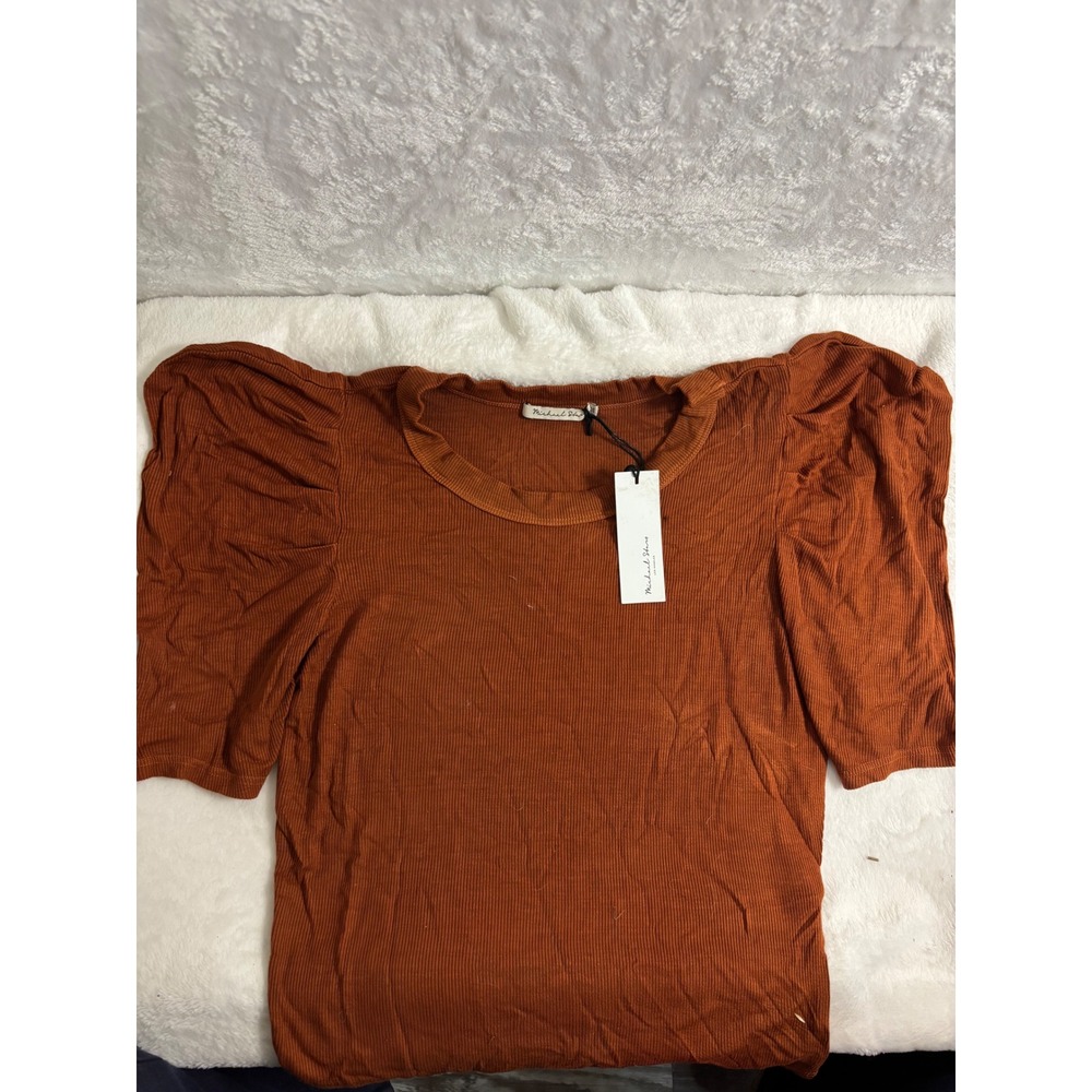 Michael Stars Andrea Pleated Sleeve Crop Top Toffee Rust Ribbed OS NWT 91001